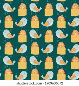 Frühlingshintergrund mit Blumen, Blüten und Waldvögeln, Vektornahtloses Muster für Stoffe, Kleidung, Feiertage, Verpackungspapier, Dekoration.