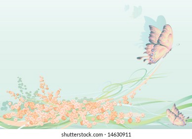 Spring background with flowers and flying butterflies