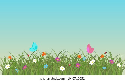 Spring background with flowers, grass and butterflies. Vector illustration.