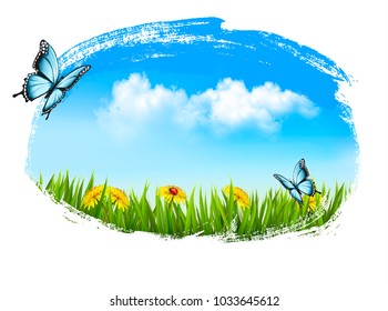 Spring background with flowers, grass and butterfly. Vector