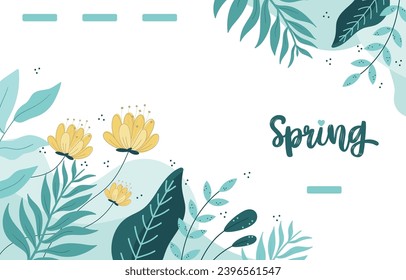 Fondo de primavera, flores de primavera y hojas. Resumen de las artes de la línea natural. Forma orgánica. Antecedentes de diseño para publicación en medios sociales, portada, página web y fondo de pantalla