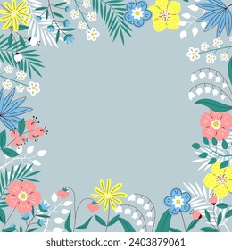 Spring background with flowers and leaves, plants and berries. Trendy abstract square art floral template. Copy space. Hand drawn colorful vector illustration.