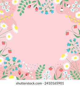 Spring background with flowers and leaves, plants and berries. Trendy abstract square art floral template. Copy space. Hand drawn colorful vector illustration.