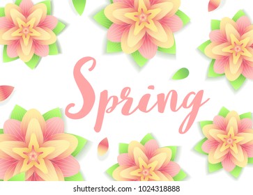 Spring background. Flowers and lettering on abstrack green . Fresh season design for flyers, invitation, posters, brochure, discount voucher, sale Poster or banner. Vector typographical illustration.