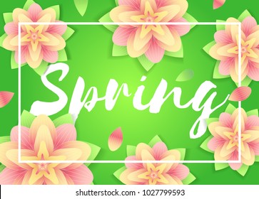 Spring background. Flowers and lettering on abstrack green . Fresh season design for flyers, invitation, posters, brochure, discount voucher, sale Poster or banner. Vector typographical illustration