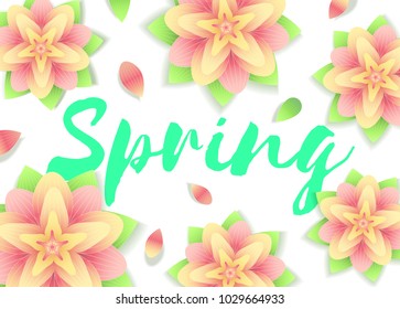 Spring background. Flowers and lettering on abstrack green . Fresh season design for flyers, invitation, posters, brochure, discount voucher, sale Poster or banner. Vector typographical illustration