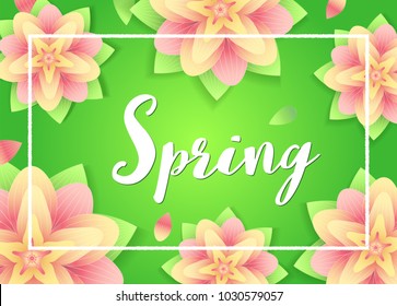 Spring background. Flowers and lettering on abstrack green . Fresh season design for flyers, invitation, posters, brochure, discount voucher, sale Poster or banner. Vector typographical illustration