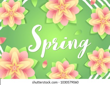 Spring background. Flowers and lettering on abstrack green . Fresh season design for flyers, invitation, posters, brochure, discount voucher, sale Poster or banner. Vector typographical illustration