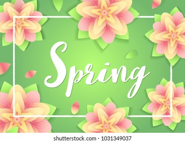 Spring background. Flowers and lettering on abstrack green . Fresh season design for flyers, invitation, posters, brochure, discount voucher, sale Poster or banner. Vector typographical illustration