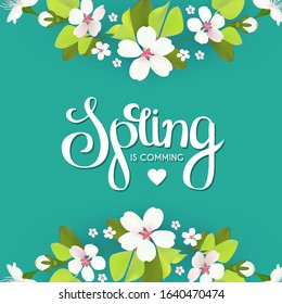 Spring background with flowers and lettering. Realistic apple blossom.