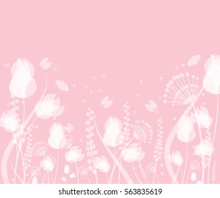 Spring background with flowers on pink background.Spring and summer floral design with flying butterflies