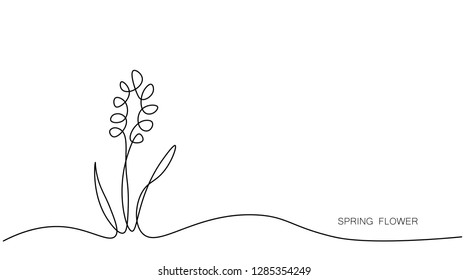 Spring background with flowers, one line drawing vector illustration.