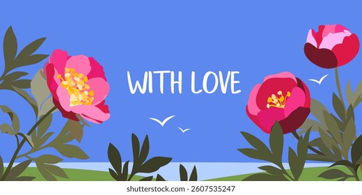 Spring background with flowers and sea in vector, flat style.