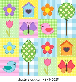 Spring background with flowers, trees, birdhouses and butterflies