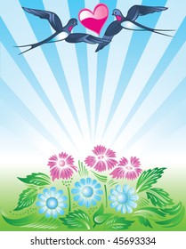 Spring background with flying swallows and heart