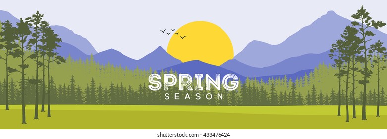 Spring Background. Forest with Shining Sun. Travel Background. Vector illustration