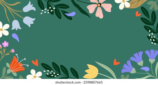 Spring background frame with blooming flowers in vector, flat style.