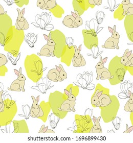 Spring background with funny rabbit. Seamless pattern fabric desing