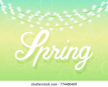 Spring background in gentle green and blue colors, the garland with glowing light bulbs. Text. Vector illustration.