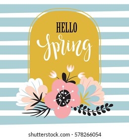 Spring background with gold frame, hand-written text "Hello Spring" and flowers on a striped background. Vector illustration.