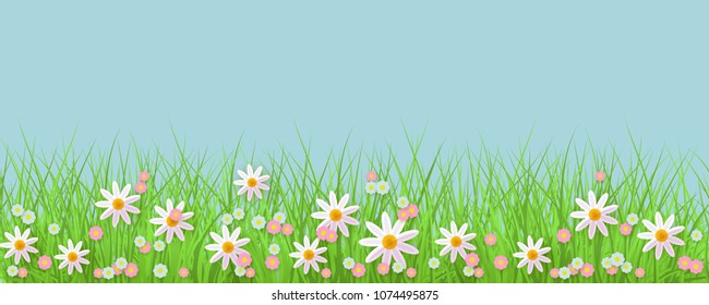 Spring background with grass and flowers border against blue sky with empty space for text. Greeting card decoration element for Easter congratulation. Cartoon vector illustration.