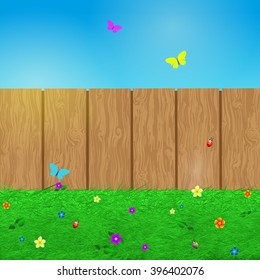 Spring background with grass, flowers, butterflies , beetles and wooden fence, cartoon vector illustration. 