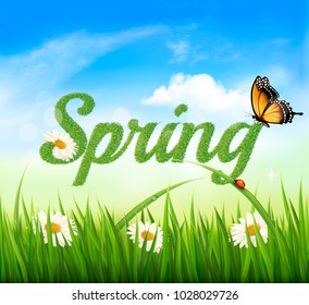 Spring background with grass, sky and a butterfly. Vector.