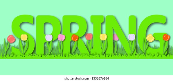 Spring background with grass and tulips. Paper art vector. 3d effect. Spring lettering