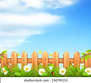 Spring background, grass and wooden fence vector