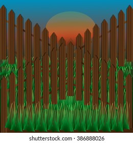 Spring background, grass and wooden fence vector