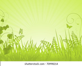 Spring background with grasses, ferns and butterflies