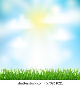 spring background with grass,sky and clouds. vector