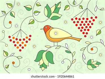 Spring background in green color. Bird and floral doodle decoration card.