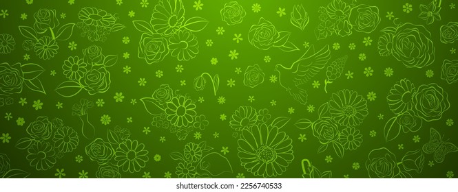 Spring background in green colors made of various flowers, birds and butterflies