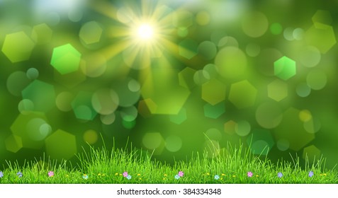 Spring background in green colors with sky, sun, grass and flowers