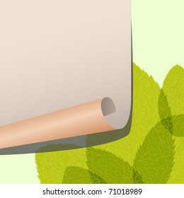 Spring background with green foliage and an empty sheet of paper. Vector illustration