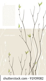 Spring background with green fragile twigs. Sample text on preview ONLY