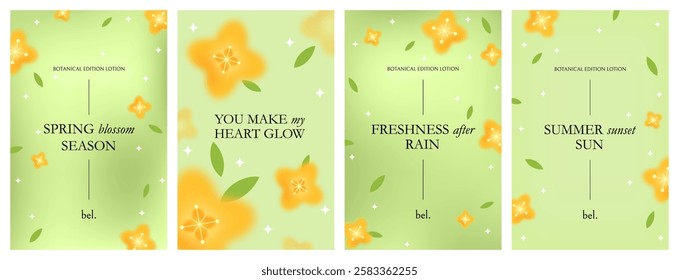 Spring Background with Green Gradient and Blurred Yellow Flowers. Abstract Vector Posters Design. Pastel Colored Simple Nature Cards. Illustrations for Spring, Easter or Mother's Day Cards and Banners