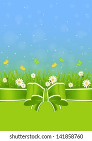 spring background with green grass, butterflies and ladybugs