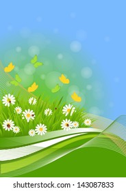 spring background with green grass, butterflies and ladybugs