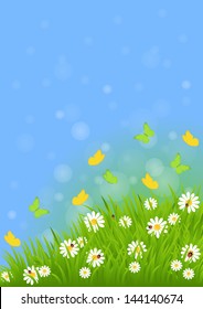spring background with green grass, butterflies and ladybugs