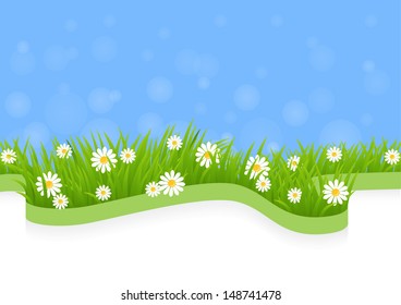 spring background with green grass, butterflies and ladybugs