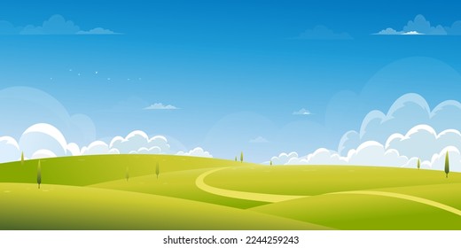 Spring Background with Green Grass Field Landscape with Mountain,Blue Sky and Clouds,Panorama Summer rural nature in with grass land on hill.Cartoon vector illustration backdrop banner for Easter 