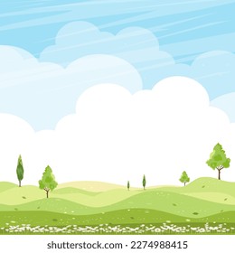 Spring Background, Green Grass Field Landscape with Mountain,Blue Sky and Clouds,Panorama Nature  Summer rural in with pine Trees on hill.Cute Cartoon vector illustration backdrop banner for Easter