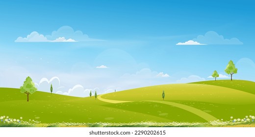 Spring Background with Green Grass Field Landscape with Mountain,Blue Sky and Clouds,Panorama Summer rural nature in with grass land on hill.Cartoon Vector illustration backdrop banner 