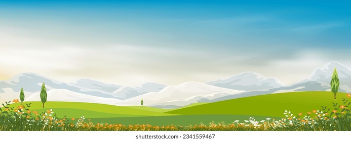 Spring Background with Green Grass Field Landscape with Mountain,Blue Sky and Clouds,Panorama Summer rural nature in with grass land on hill.Cartoon Vector illustration backdrop banner 