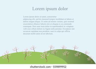 Spring background with green hills, pink blooming tree on light blue, lorem ipsum, stock vector illustration