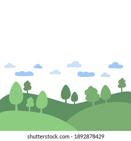 Spring background with green lawns, trees and clouds made in vector. Place for text.