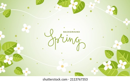 Fondo primaveral con hojas verdes y flores blancas florecientes. Ilustración vectorial. Plantilla para banner, fondo de pantalla, volante, invitación, cartel, folleto, cupón de descuento