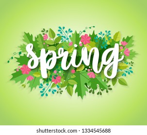 Spring background with green leaves and flowers. Season sale vector label. Foliage lettering. Flower illustration. Spring poster.